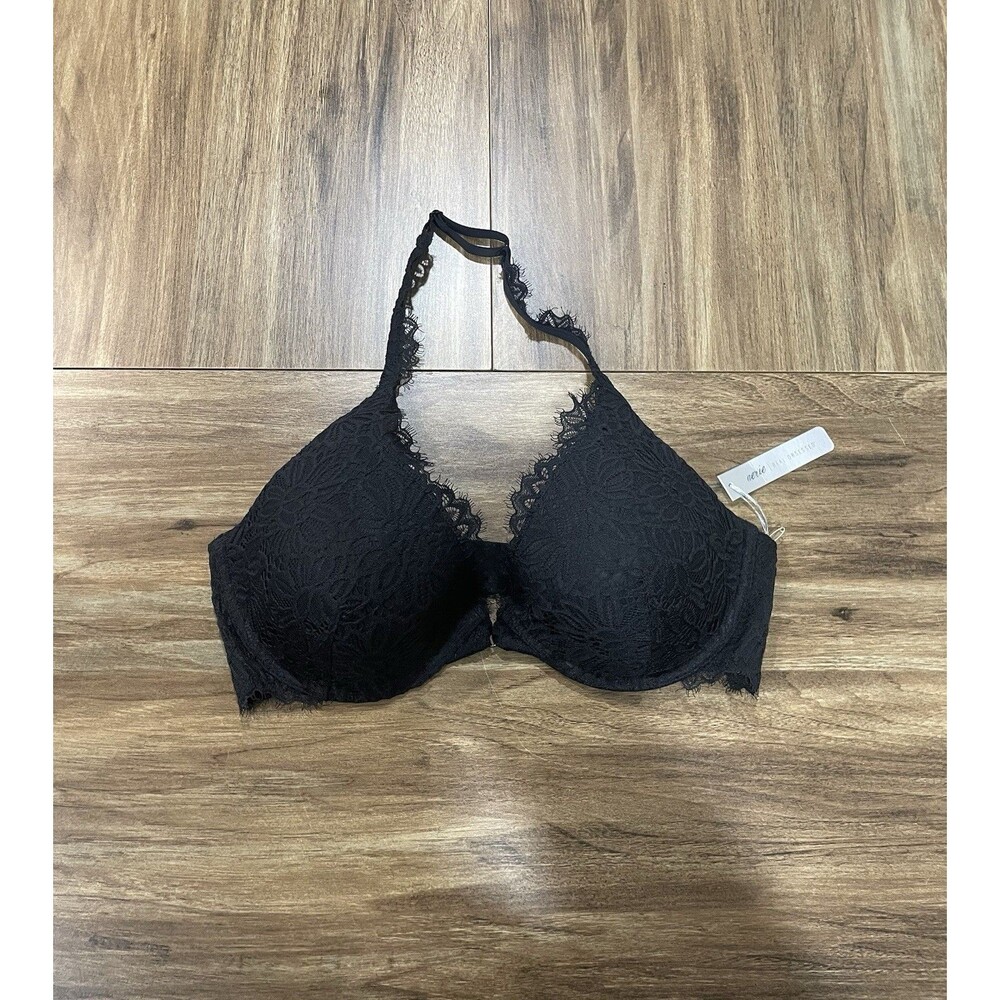 Aerie NWT Black Floral Lace Real Obsessed Underwire Halter Demi Bra Size 36D